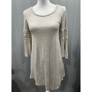 Womens Emerald USA Beige Lace Sleeve‎ Bell Sleeve Tunic Top Shirt Size S